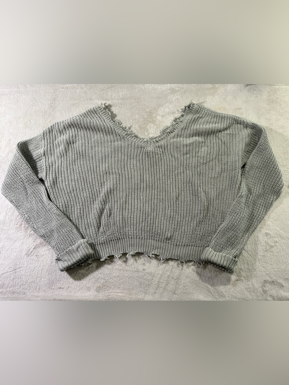 moon & madison Distressed V‑Neck Knit Sweater - Light Gray